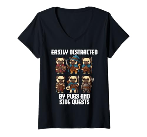 Damen Easily Distracted by Pugs and Side Quests Funny Dog Gamer T-Shirt mit V-Ausschnitt von Funny Pugs Dogs Side Quests Gamer Apparel