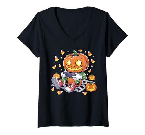Damen Lustiger Kürbisspieler Halloween-Gruseliger Gruselspieler T-Shirt mit V-Ausschnitt Damen Lustiger Kürbisspieler Halloween-Gruseliger Gruselspieler T-Shirt mit V-Ausschnitt von Funny Pumpkin Gamer Halloween Costume Gifts Idea