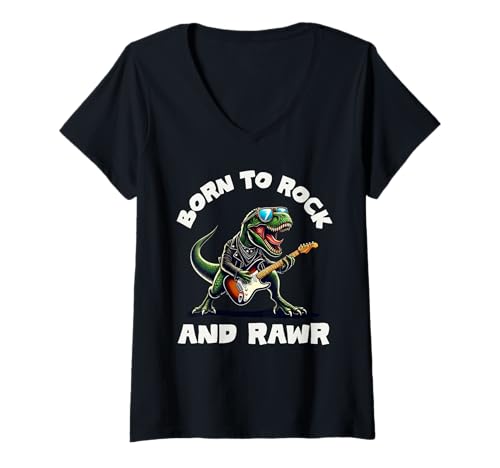 Damen Born to Rock and Rawr, Cute Dinosaurier, Rock'n Roll Dino T-Shirt mit V-Ausschnitt von Funny Punk dynosaur Band Playing Guitar Gifts CO