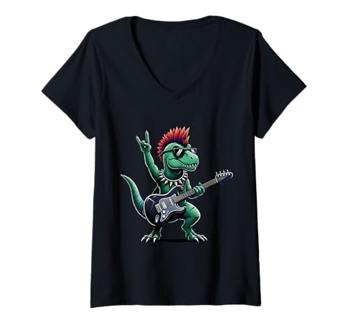 Damen Niedlicher Dinosaurier Rock'n Roll Goth Dino Band Rock Star Gitarrist T-Shirt mit V-Ausschnitt von Funny Punk dynosaur Band Playing Guitar Gifts CO