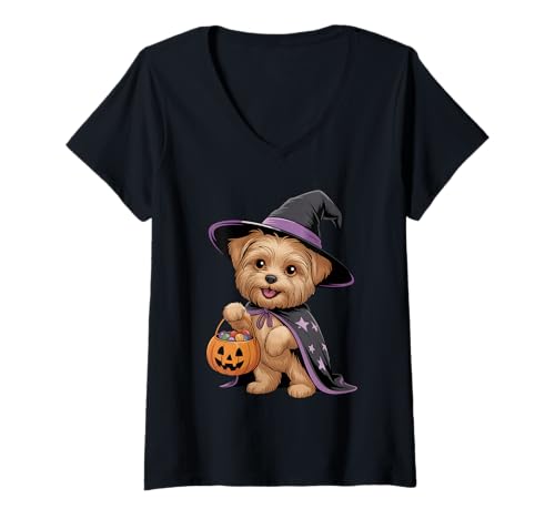 Damen Niedliches Hexenhund-Kostüm für Halloween, gruselige Jahreszeit, Haustierbesitzer T-Shirt mit V-Ausschnitt Damen Niedliches Hexenhund-Kostüm für Halloween, gruselige Jahreszeit, Haustierbesitzer T-Shirt mit V-Ausschnitt von Funny Puppy Pumpkin Halloween Party Dog Lover Kids