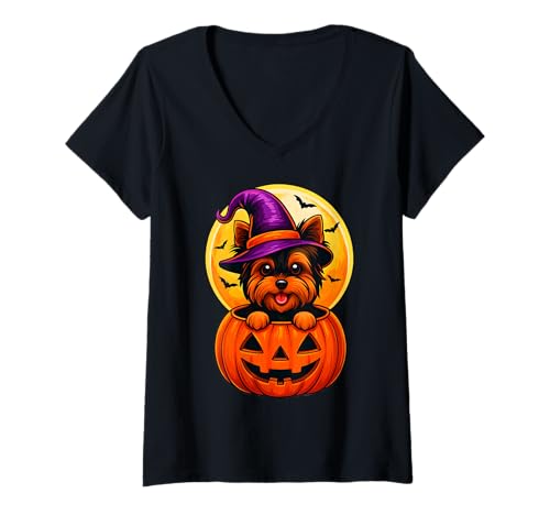 Damen Niedlicher Halloween-Yorkshire Terrier, Hund, Yorkie, Kürbis, Hexe T-Shirt mit V-Ausschnitt Damen Niedlicher Halloween-Yorkshire Terrier, Hund, Yorkie, Kürbis, Hexe T-Shirt mit V-Ausschnitt von Funny Puppy Witch Hat Dog Lover Halloween Costume