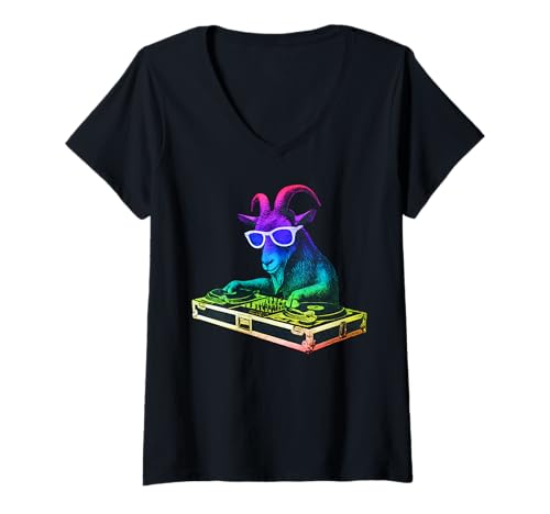 Damen Ziegen-DJ-Musikparty Tierliebhaber T-Shirt mit V-Ausschnitt von Funny Pygmy Goat House Music Animal Designs