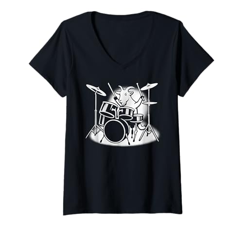 Damen Ziege spielt Schlagzeug Schlagzeuger Tierliebhaber T-Shirt mit V-Ausschnitt von Funny Pygmy Goat Rock And Roll Animal Designs