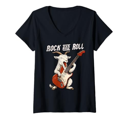 Damen Ziege spielt Gitarre Rock and Roll Animal Lover T-Shirt mit V-Ausschnitt Damen Ziege spielt Gitarre Rock and Roll Animal Lover T-Shirt mit V-Ausschnitt von Funny Pygmy Goat Rock Music Animal Designs