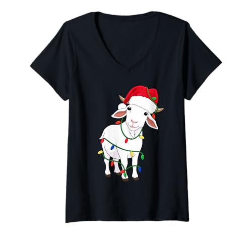 Damen Ziege Weihnachtsbaum Lichter Urlaub Tierliebhaber T-Shirt mit V-Ausschnitt Damen Ziege Weihnachtsbaum Lichter Urlaub Tierliebhaber T-Shirt mit V-Ausschnitt von Funny Pygmy Goat Xmas Tree Animal Designs