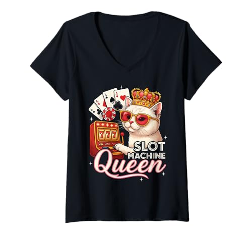 Damen Lucky Spielautomat Queen Cute Cat Casino Glücksspiel Liebhaber T-Shirt mit V-Ausschnitt Damen Lucky Spielautomat Queen Cute Cat Casino Glücksspiel Liebhaber T-Shirt mit V-Ausschnitt von Funny Queen Of The Slot Machine Casino Gifts