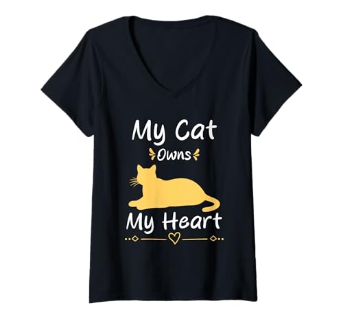 Damen My Cat Owns My Heart Lustiges Zitat T-Shirt mit V-Ausschnitt Damen My Cat Owns My Heart Lustiges Zitat T-Shirt mit V-Ausschnitt von Funny Quote Cat