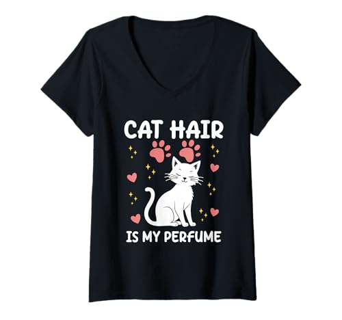 Damen Cat Hair is My Perfume Lustiger Spruch T-Shirt mit V-Ausschnitt Damen Cat Hair is My Perfume Lustiger Spruch T-Shirt mit V-Ausschnitt von Funny Quote Cats