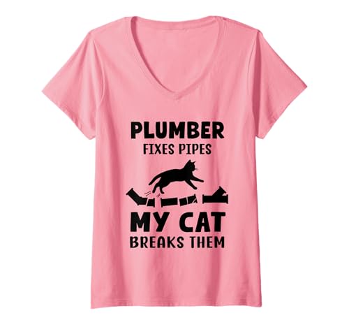 Damen Klempner Fixes Pipes My Cat Breaks Them Funny Cats T-Shirt mit V-Ausschnitt Damen Klempner Fixes Pipes My Cat Breaks Them Funny Cats T-Shirt mit V-Ausschnitt von Funny Quote Cats