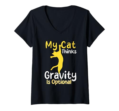 Damen Meine Katze Denkt, Schwerkraft ist optionaler Humor T-Shirt mit V-Ausschnitt Damen Meine Katze Denkt, Schwerkraft ist optionaler Humor T-Shirt mit V-Ausschnitt von Funny Quote Cats