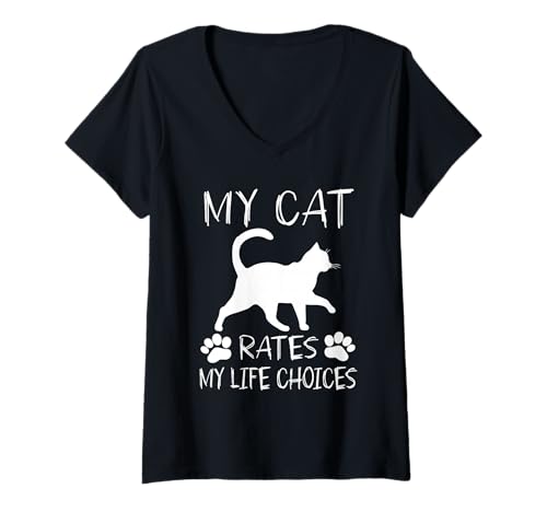 Damen Meine Katze bewertet Meine Lebensentscheidungen Humor Katzen T-Shirt mit V-Ausschnitt Damen Meine Katze bewertet Meine Lebensentscheidungen Humor Katzen T-Shirt mit V-Ausschnitt von Funny Quote Cats