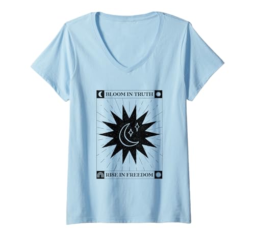 Damen Bloom In Truth — Rise In Freedom (Boho-Sonne- und Mondgrafik) T-Shirt mit V-Ausschnitt von Funny Quotes, Cool Statements & Graphics