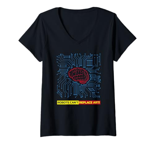 Damen Roboter können Kunst Nicht ersetzen (AI Brain Graphic) T-Shirt mit V-Ausschnitt von Funny Quotes, Cool Statements & Graphics