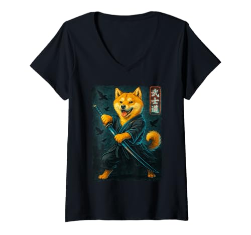Damen Samurai Shiba Inu Vintage Japanische Kunst Anime T-Shirt mit V-Ausschnitt von Funny Quotes & Designes