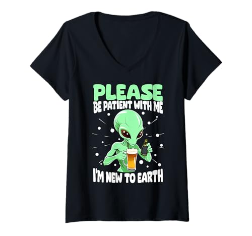 Damen Bitte hab Geduld mit Mir, ich Bin neu auf der Erde Lustiges Alien T-Shirt mit V-Ausschnitt Damen Bitte hab Geduld mit Mir, ich Bin neu auf der Erde Lustiges Alien T-Shirt mit V-Ausschnitt von Funny Quotes & Sayings