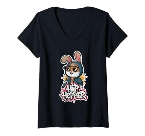 Damen Hip Hopper Bunny Pun Graffiti Hip Hop Hase Rapper Ostern T-Shirt mit V-Ausschnitt Damen Hip Hopper Bunny Pun Graffiti Hip Hop Hase Rapper Ostern T-Shirt mit V-Ausschnitt von Funny Rabbit Tees For Bunny Lovers