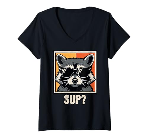 Damen SUP? Lustiger Cooler Waschbär mit Sonnenbrille Vintage Retro T-Shirt mit V-Ausschnitt Damen SUP? Lustiger Cooler Waschbär mit Sonnenbrille Vintage Retro T-Shirt mit V-Ausschnitt von Funny Raccoon Animal Lover design for man, woman
