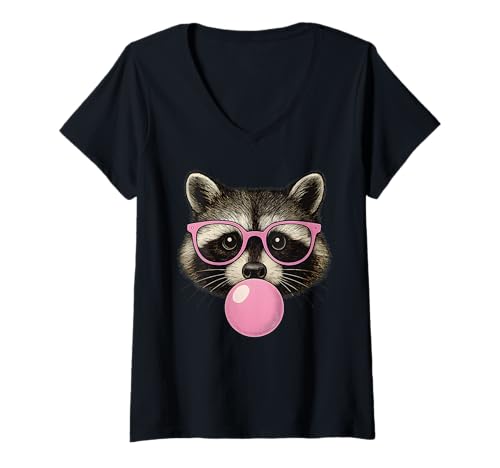 Damen Waschbär Gesicht isst Kaugummi und Macht einen rosa Bubble Cute Waschbär T-Shirt mit V-Ausschnitt Damen Waschbär Gesicht isst Kaugummi und Macht einen rosa Bubble Cute Waschbär T-Shirt mit V-Ausschnitt von Funny Raccoon Apparel For Men Women Kids Adults