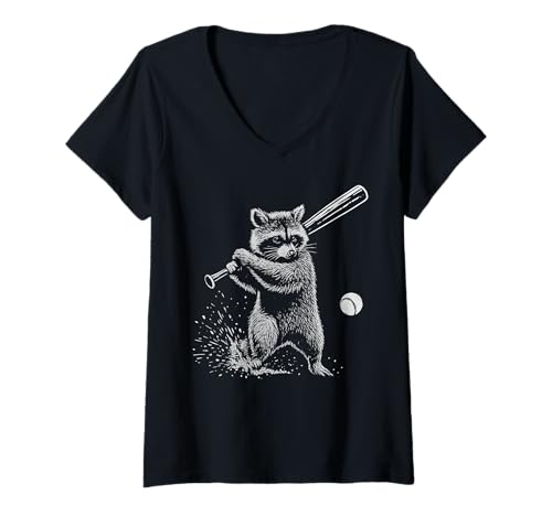 Damen Waschbär Baseball Sport Tierliebhaber T-Shirt mit V-Ausschnitt Damen Waschbär Baseball Sport Tierliebhaber T-Shirt mit V-Ausschnitt von Funny Raccoon Baseball Player Animal Designs