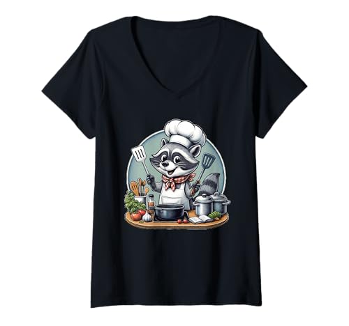 Damen Funny Raccoon Chef Cook Cooking T-Shirt mit V-Ausschnitt Damen Funny Raccoon Chef Cook Cooking T-Shirt mit V-Ausschnitt von Funny Raccoon Chef Cook Cooking Apparel