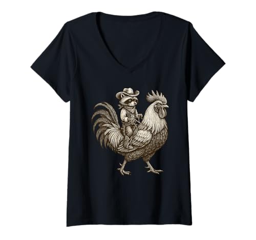 Damen Funny Cowboy Raccoon Chicken Vintage T-Shirt mit V-Ausschnitt Damen Funny Cowboy Raccoon Chicken Vintage T-Shirt mit V-Ausschnitt von Funny Raccoon Chicken Apparel