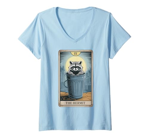 Damen Tarotkarte Der Einsiedler Waschbär T-Shirt mit V-Ausschnitt von Funny Raccoon Designs