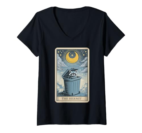 Damen Waschbär Tarotkarte Der Einsiedler Waschbär T-Shirt mit V-Ausschnitt von Funny Raccoon Designs