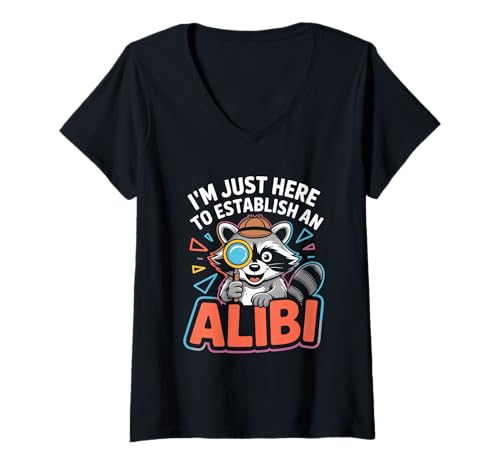 Damen Lustiger Waschbär Detektiv Alibi Witz Neuheit Ermittler Spaß T-Shirt mit V-Ausschnitt Damen Lustiger Waschbär Detektiv Alibi Witz Neuheit Ermittler Spaß T-Shirt mit V-Ausschnitt von Funny Raccoon Detective Alibi Joke