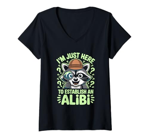 Damen Lustiger Waschbär Detektiv Alibi Witz Neuheit Ermittler Spaß T-Shirt mit V-Ausschnitt Damen Lustiger Waschbär Detektiv Alibi Witz Neuheit Ermittler Spaß T-Shirt mit V-Ausschnitt von Funny Raccoon Detective Alibi Joke