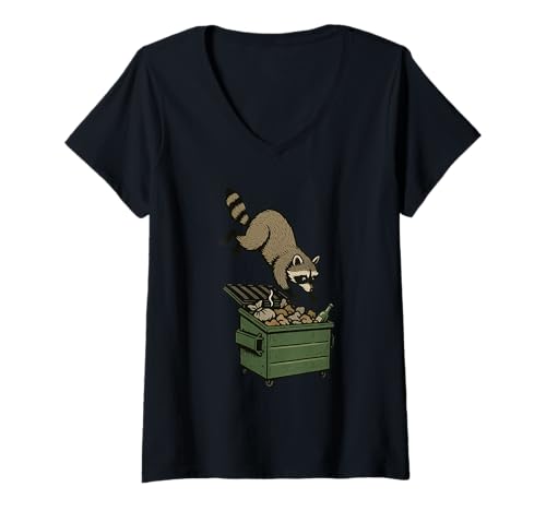 Damen Funny Raccoon Diving In A Dumpster T-Shirt mit V-Ausschnitt von Funny Raccoon Diving In A Dumpster Raccoon Apparel