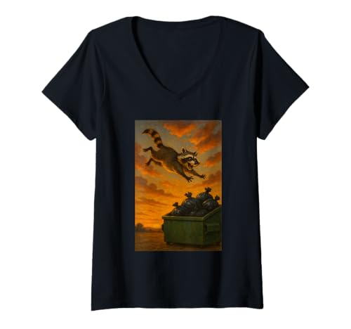 Damen Funny Raccoon Diving In A Dumpster Trash Panda T-Shirt mit V-Ausschnitt von Funny Raccoon Diving In A Dumpster Raccoon Apparel