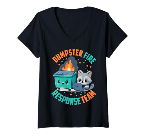 Damen Lustige sarkastische Arbeit Dumpster Fire Response Team T-Shirt mit V-Ausschnitt von Funny Raccoon Dumpster Fire Tee