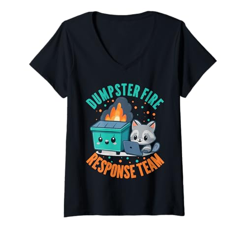 Damen Lustige sarkastische Arbeit Dumpster Fire Response Team T-Shirt mit V-Ausschnitt von Funny Raccoon Dumpster Fire Tee