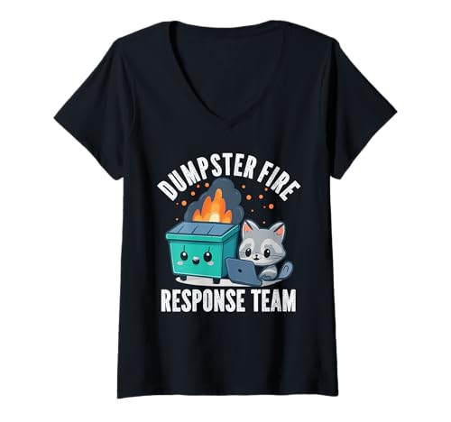 Damen Lustige sarkastische Arbeit Dumpster Fire Response Team T-Shirt mit V-Ausschnitt von Funny Raccoon Dumpster Fire Tee