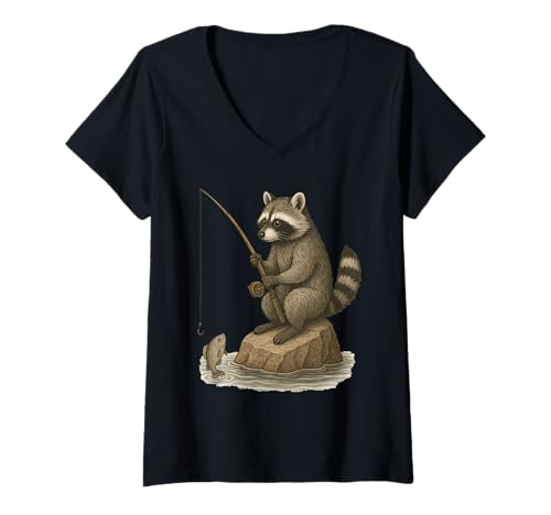 Damen Funny Raccoon Fishing Fisherman T-Shirt mit V-Ausschnitt von Funny Raccoon Fishing Apparel