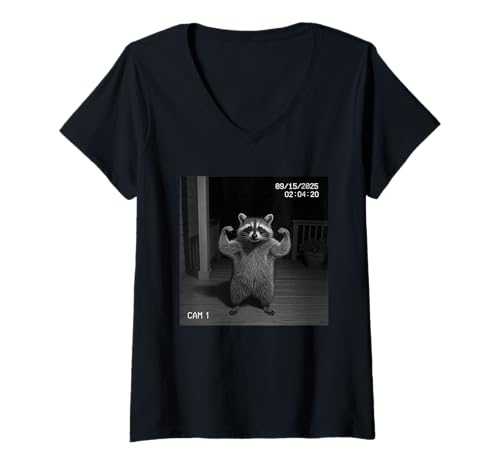 Damen Funny Raccoon Flexing On Security Camera T-Shirt mit V-Ausschnitt Damen Funny Raccoon Flexing On Security Camera T-Shirt mit V-Ausschnitt von Funny Raccoon Flexing On Security Camera