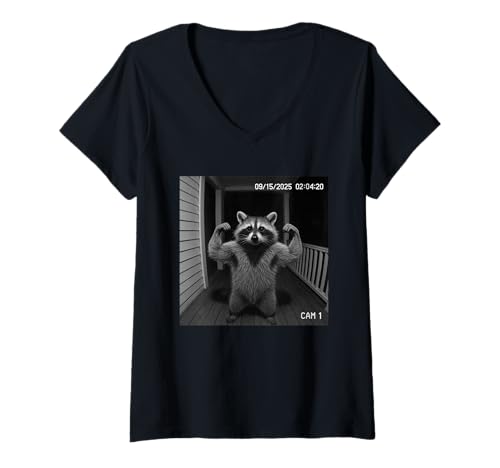 Damen Funny Raccoon Flexing On Security Camera T-Shirt mit V-Ausschnitt Damen Funny Raccoon Flexing On Security Camera T-Shirt mit V-Ausschnitt von Funny Raccoon Flexing On Security Camera