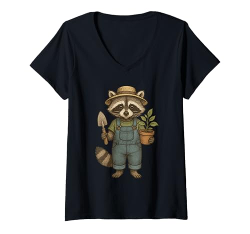 Damen Raccoon Dressed As A Gardener Funny Raccoon Lover Gardening T-Shirt mit V-Ausschnitt Damen Raccoon Dressed As A Gardener Funny Raccoon Lover Gardening T-Shirt mit V-Ausschnitt von Funny Raccoon Gardening Apparel
