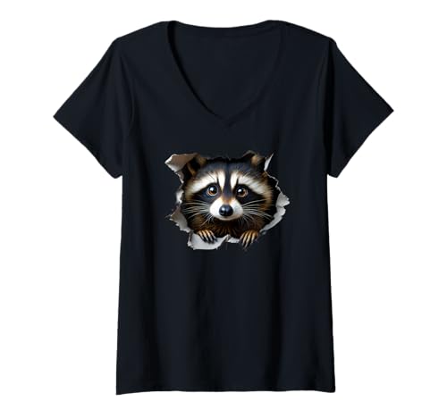Damen Waschbär Motiv, süßes Waschbär-Foto, Waschbärliebhaber T-Shirt mit V-Ausschnitt von Funny Raccoon Graphics, Designs & Outfits