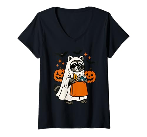 Damen Funny Raccoon Ghost Pumpkins Halloween T-Shirt mit V-Ausschnitt Damen Funny Raccoon Ghost Pumpkins Halloween T-Shirt mit V-Ausschnitt von Funny Raccoon Halloween Graphics Apparel
