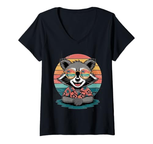 Damen Lustiges Waschbär Hawaiihemd Retro Sonnenuntergang Urlaub T-Shirt mit V-Ausschnitt Damen Lustiges Waschbär Hawaiihemd Retro Sonnenuntergang Urlaub T-Shirt mit V-Ausschnitt von Funny Raccoon Hawaiian Shirt Retro Sunset Vacation