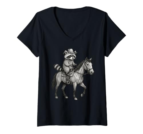 Damen Funny Raccoon Horseback Riding Horse Vintage T-Shirt mit V-Ausschnitt von Funny Raccoon Horseback Riding Apparel