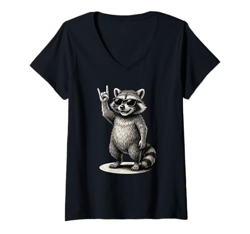 Damen Funny Raccoon Music Rock T-Shirt mit V-Ausschnitt von Funny Raccoon Lover Music Apparel