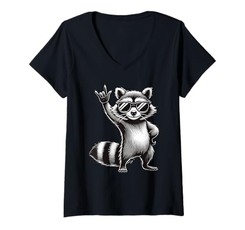 Damen Funny Raccoon Music Rock T-Shirt mit V-Ausschnitt von Funny Raccoon Lover Music Apparel