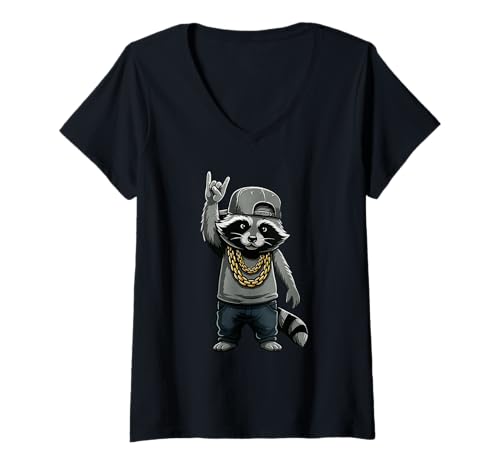Damen Funny Raccoon Music Rock T-Shirt mit V-Ausschnitt von Funny Raccoon Lover Music Apparel