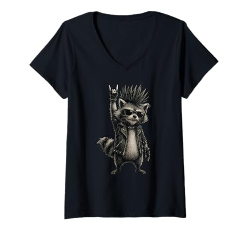 Damen Funny Raccoon Music Rock T-Shirt mit V-Ausschnitt von Funny Raccoon Lover Music Apparel