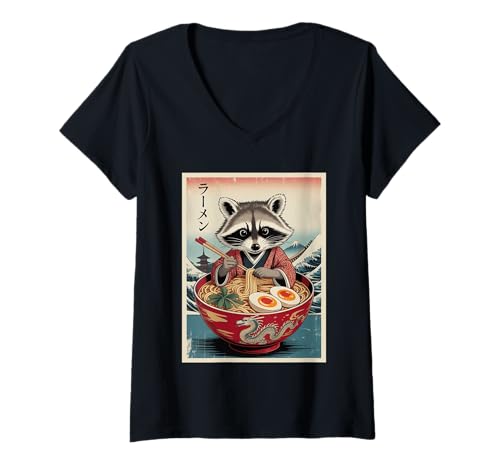 Damen Waschbär isst Ramen Japanische Nudeln Lustig Anime Japan T-Shirt mit V-Ausschnitt Damen Waschbär isst Ramen Japanische Nudeln Lustig Anime Japan T-Shirt mit V-Ausschnitt von Funny Raccoon Lovers Anime Food Gifts Apparel