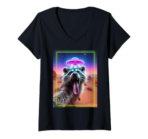 Damen Waschbär Selfie UFO Alien Retro T-Shirt mit V-Ausschnitt Damen Waschbär Selfie UFO Alien Retro T-Shirt mit V-Ausschnitt von Funny Raccoon Mit Selfie Alien UFO