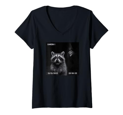 Damen Funny Raccoon On Security Camera with Witch Halloween T-Shirt mit V-Ausschnitt Damen Funny Raccoon On Security Camera with Witch Halloween T-Shirt mit V-Ausschnitt von Funny Raccoon On Security Camera Witch Halloween